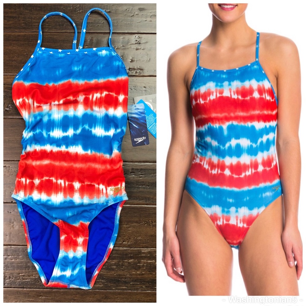 Speedo One Piece Swimsuit Tie-Dye Red White Blue